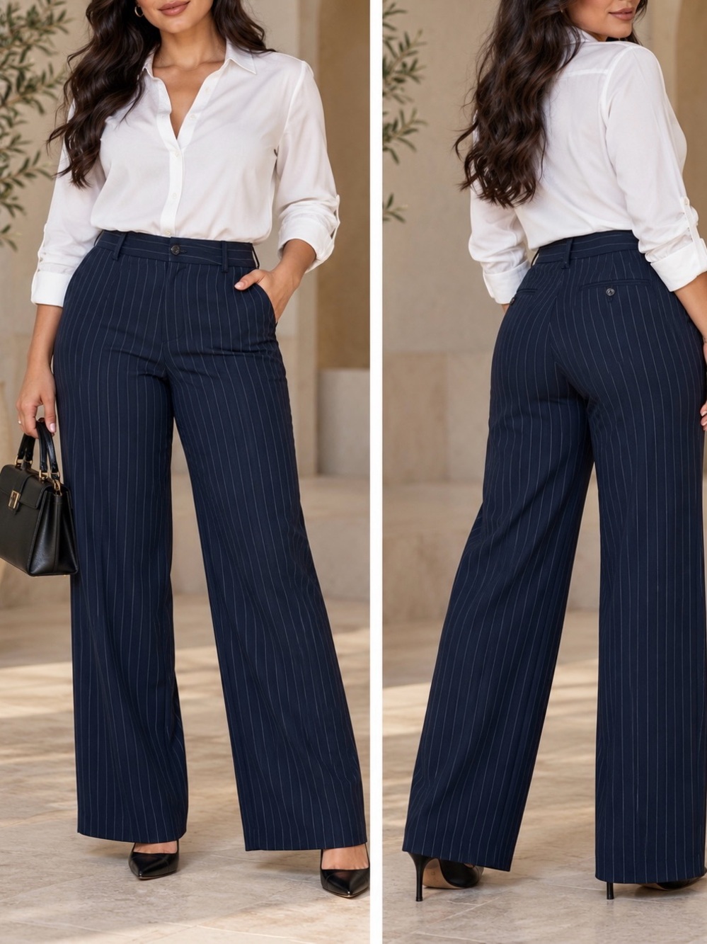 Mexx Navy Pinstripe Wide-Leg Trousers